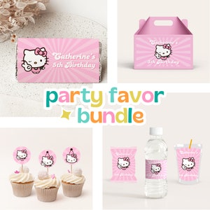 Kitty Birthday Party Favor Bundle, Cupcake Topper, Water Bottle Label, Gable Box Label, Chocolate Bar Wrapper, Chip Bag, and Juice Pouch