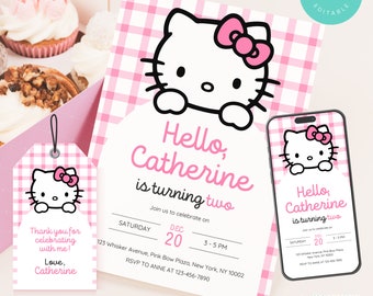 Kitty Birthday Party Invitation, Kitty Kawaii Invitation, Kitty Party Invite, Kitty Birthday Theme, Digital Invite, Editable Canva Template