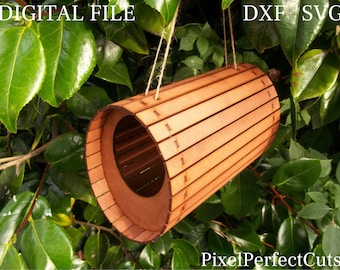 Laser cut hanging elliptical bird house or feeder. DXF, SVG digital file download. 3 mm or 4 mm wood, MDF, plywood, acrylic.