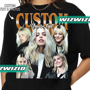 May include: Black t-shirt with a vintage-style graphic featuring multiple images of women with the text "CUSTOM Your Text" and "WIZWIZID" printed on the front.