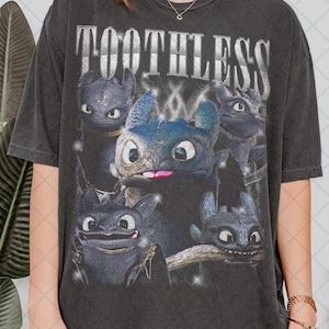 May include: Dark grey t-shirt with a graphic of Toothless from How to Train Your Dragon. The design shows multiple images of the dragon with the word "TOOTHLESS" in a silver, stylized font. The shirt has a vintage, worn appearance.