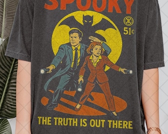 May include: A vintage-style comic book cover with the title "SPOOKY" in red letters. The cover features a silhouette of a bat, two figures holding flashlights, and the text "THE TRUTH IS OUT THERE".