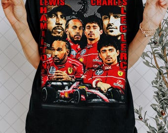Camiseta retrô dos anos 90 em homenagem a Lewis Hamilton e Charles Leclerc, camiseta gráfica para fãs da Scuderia, camiseta unissex para presentear homens e mulheres.
