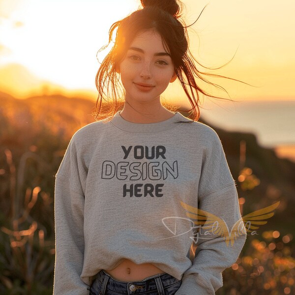 Grey Gildan 18000 Sweatshirt Mockup, Grey Oversized Crewneck, Modern Urban Style Sweatshirt, Silver Grey Sweatshirt Outdoor Aesthetic