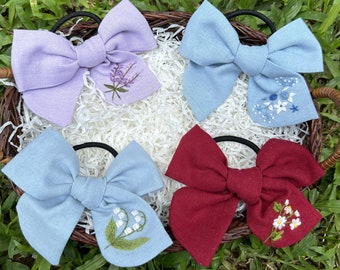 Hand Embroidered hair bows, Custom embroidered hair bows, Personalized gifts, girls hair bow, hair accessories, Floral embroidered hair bow