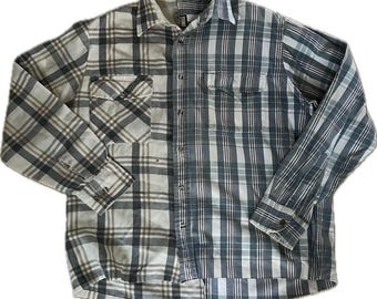 Split White/Blue Flannel Shirt, Upcycled, Oversized, Reworked