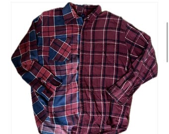 Split Red/Blue and Red/Black Flannel Shirt, Upcycled, Oversized, Reworked