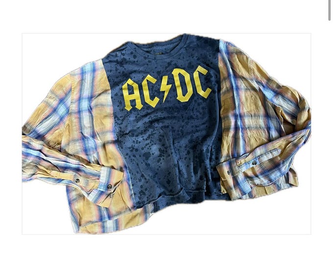 AC DC Cropped Tee Shirt Reworked Flannel - Etsy
