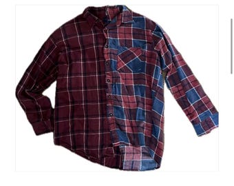 Split Red/Black and Red/Blue Flannel Shirt, Upcycled, Oversized, Reworked