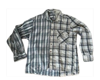 Split Blue/White Flannel Shirt, Upcycled, Oversized, Reworked