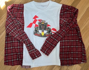 Red Bull Racing Flannel Shirt, Upcycled, Oversized, Reworked