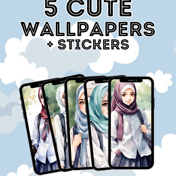 Watercolor Muslimah Anime Hijab School Girl Wallpapers and stickers