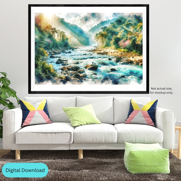 Enchanted River Watercolour Landscape - Peaceful Nature Digital Art - Printable Wall Decor - Digital Download