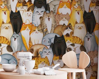 Lustige Katzen Tapete, Katzen Tapete Schälen und Aufkleben, Abnehmbare Tapete fürs Kinderzimmer, Kinderzimmer Wandbild, Katzen Abnehmbares Schälen und Aufkleben