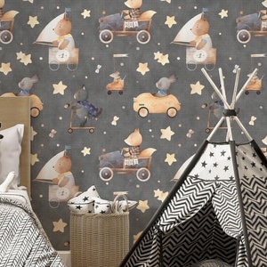 Seamless Pattern Cars With Animals Wallpaper, Cartoon Animal Cars for Kids Wallpaper, Peel and Stick Removable Wallpaper, Custom Size