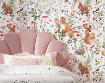 Forest Animals Wallpaper, Kids Wallpaper Peel and Stick, Nursery Wall Decal, Removable Wallpaper Kids, Wallpaper Nursery, Custom Size Mural
