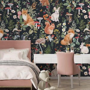 Forest Animals Wallpaper, Removable Self Adhesive Botanical Wallpaper, Flower and Forest Peel and Stick or Pre-Pasted Wallpaper, Eco Mural