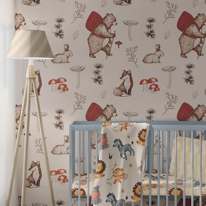 Woodland Animal Wallpaper, Vintage Nursery Wallpaper, Cottagecore Forest Wallpaper, Peel and Stick Botanical Wall Mural Bear Fox Rabbit Hare