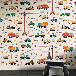 Cars Construction Wallpaper Peel & Stick, Boys Room Wallpaper, Trucks Wall Art, Child Room Wallpaper, Nursery Wallpaper Peel Stick Wallpaper