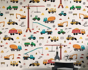 Carta da parati adesiva con auto da costruzione, carta da parati per camerette dei ragazzi, decorazioni murali con camion, carta da parati per camerette dei bambini, carta da parati adesiva per camerette dei bambini