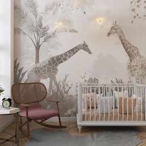 Carta da parati con animali della giungla per bambini, da staccare e attaccare, murale per cameretta con giraffa, carta da parati a tema giungla per bambini, carta da parati rimovibile per cameretta dei bambini