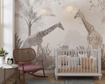 Kids Safari Jungle Animals Wallpaper , Peel and Stick, Giraffe Nursery Mural , Kids Jungle Themed Wallpaper , Removable Baby Room Wallpaper