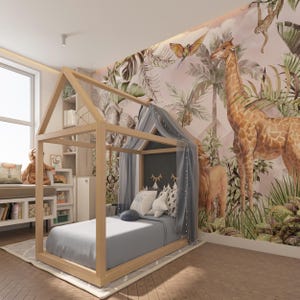 Carta da parati per bambini con animali della giungla per la cameretta dei bambini, carta da parati per bambini con animali del safari in Africa, murale per bambini con animali tropicali per la cameretta dei bambini, murale per la cameretta dei bambini con giraffa, leone, elefante, zebra