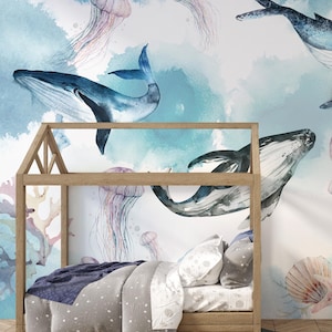 Carta da parati Ocean Nursery, murale subacqueo con balena, murale per bambini con vita marina, decorazioni per la camera dei bambini, arte murale blu per bambini, design di simpatici animali
