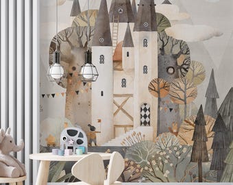 Behang kinderkamer kasteel, kleurrijk stadsgezicht kinderkamer behang muurschildering, cartoon kleine stad muurkunst, huizen wandbekleding muurschildering