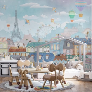 Carta da parati per bambini Case, Carta da parati per bambini, murale della torre Eiffel, aerei, mongolfiere, Carta da parati di Parigi Peel and Stick per la stanza dei bambini