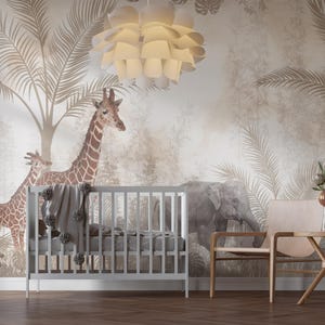 Carta da parati rimovibile e adesiva con giraffe ed elefanti per bambini, carta da parati Boho con animali della giungla per bambini, carta da parati unisex per camerette