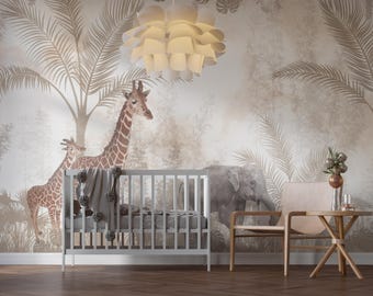 Giraffe and Elephant Kids Removable Peel and Stick Wallpaper Boho, Safari Kids Jungle Animal Wallpaper, Gender Neutral Nursery Wallpaper