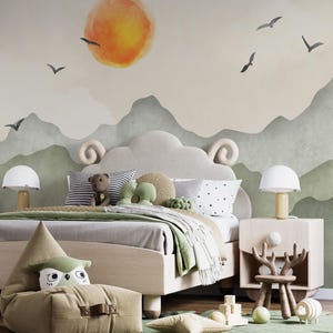 Murale Montagne Acquerello, Carta da Parati Autoadesiva Colori Pastello Tramonto e Montagne per la Cameretta dei Bambini, Arte da Parete Rimovibile per la Cameretta dei Bambini con Colline Verdi