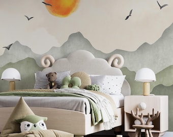 Watercolor Mountains Mural, Pastel Colors Sunset and Mountains Self Adhesive Nursery Wallpaper, Removable Green Hills Nursery Wall Art