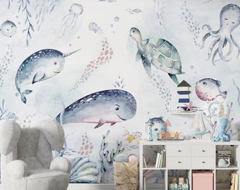 Papel pintado de animales marinos, decoración de pared para guardería, mural infantil de ballenas y vida marina, papel pintado neutro para sala de juegos.