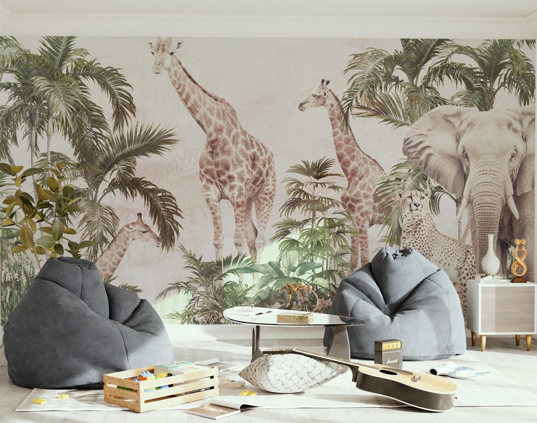 Kids Safari Jungle Animals Wallpaper , Peel and Stick Giraffe Nursery ...