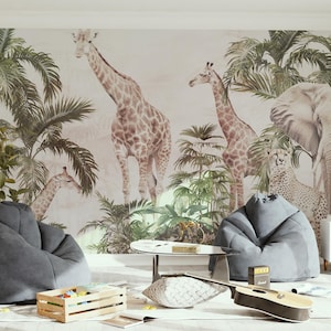 Kinder Safari-Dschungeltiere Tapete, Schälen und Aufkleben Giraffe Kinderzimmer-Wandbild, Kinder-Dschungel-Themed Tapete, Abnehmbare Babyzimmer-Tapete