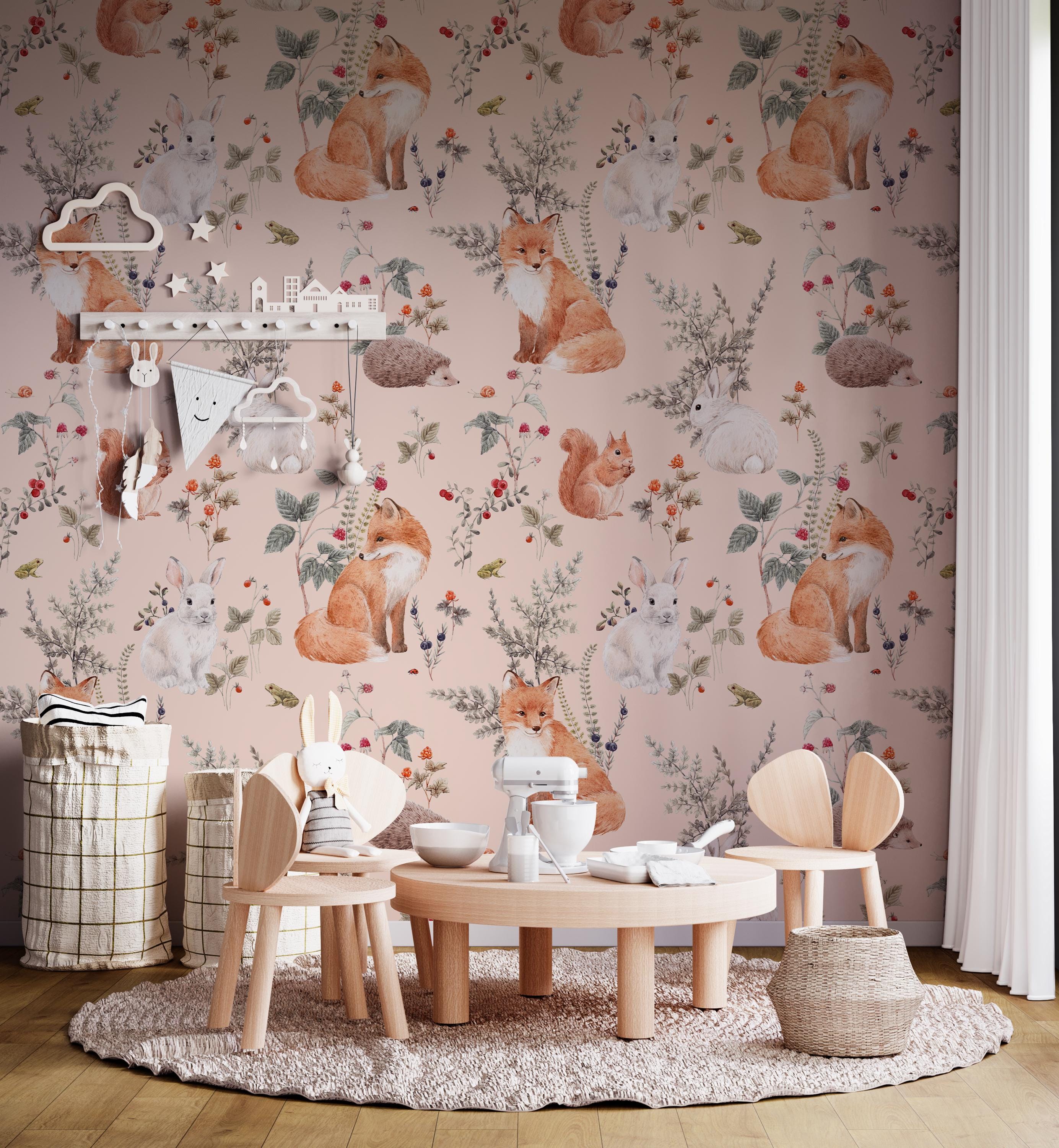 Woodland Animals Wallpaper, Nursery Decor Woodland, Wallpaper With Fox ...
