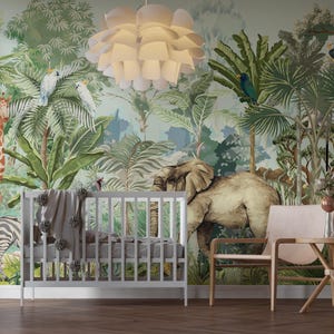 Nursery Animal Safari Mural Wallpaper, Giraffe, Elephant, Zebra, Print Peel and Stick Wall Decal, Jungle Self Adhesive Temporary Wallpaper