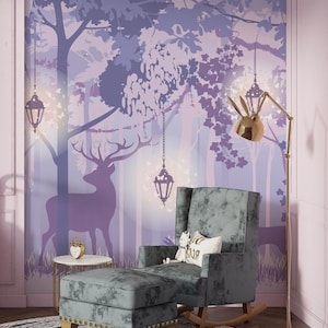 Forest Wallpaper, Girls Wallpaper, Bedroom Wall Paper Decor Mural, Purple Forest Wallpaper, Floral Peel and Stick Decal