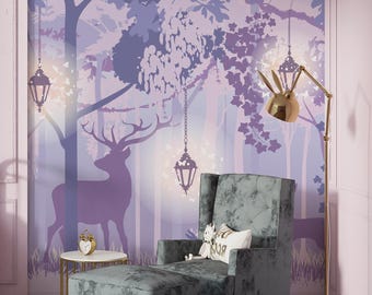 Papel pintado de bosque, papel pintado para niñas, mural decorativo para pared de dormitorio, papel pintado de bosque morado, vinilo decorativo floral autoadhesivo