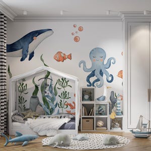 Underwater Nursery Wallpaper, Ocean Nursery Wall Decor Mural, Self Adhesive Wallpaper, Under the sea kids room mural, whale wallpaper, kids