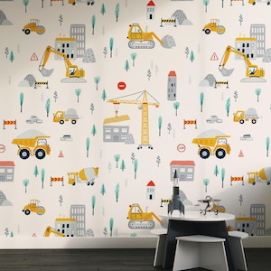 Construction Vehicle Wallpaper, Boys Room Wall Mural, Tractor, Bulldozer, Cement Mixer Wallpaper, Truck Themed Nursery Décor