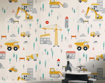 Construction Vehicle Wallpaper, Boys Room Wall Mural, Tractor, Bulldozer, Cement Mixer Wallpaper, Truck Themed Nursery Décor