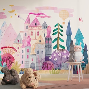 Mural de pared con dibujos animados para habitación infantil, mural de acuarela con árboles, nubes y castillos, papel pintado para dormitorio infantil, decoración de sala de juegos infantil