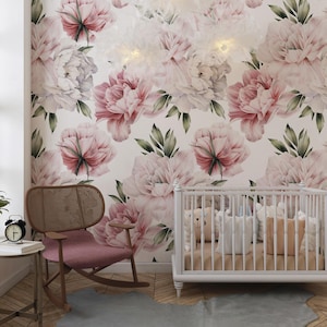Pink Peony Peel and Stick Wall Mural Wallpaper, Watercolor Floral Self Adhesive Wallpaper, Watercolor Boho Floral Self Adhesive Mural