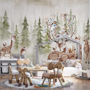 Cabane dans un arbre forêt papier peint, décoration murale animaux de la forêt mignons, cerf, papier peint arbre de la forêt, papier peint enfant, papier peint chambre d'enfant