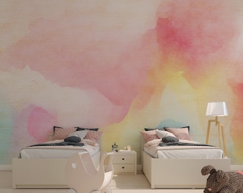 Papel tapiz de nubes de acuarela rosa, mural abstracto de acuarela pastel - Papel tapiz autoadhesivo colorido n.° 66
