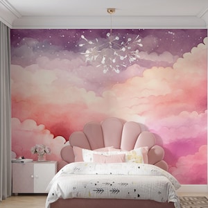 Carta da parati murale con cielo rosa e nuvole, da staccare e attaccare - Adesivo autoadesivo con motivo pastello - Carta da parati rimovibile per la cameretta dei bambini