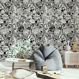 Puede incluir: Papel tapiz gr&aacute;fico en blanco y negro con un tema musical. El papel tapiz presenta notas musicales, guitarras y palabras como "M&uacute;sica", "Cool" y "OMG".